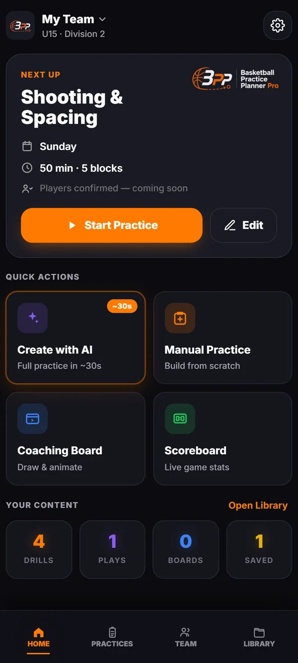 Startskärmen i Basketball Practice Planner